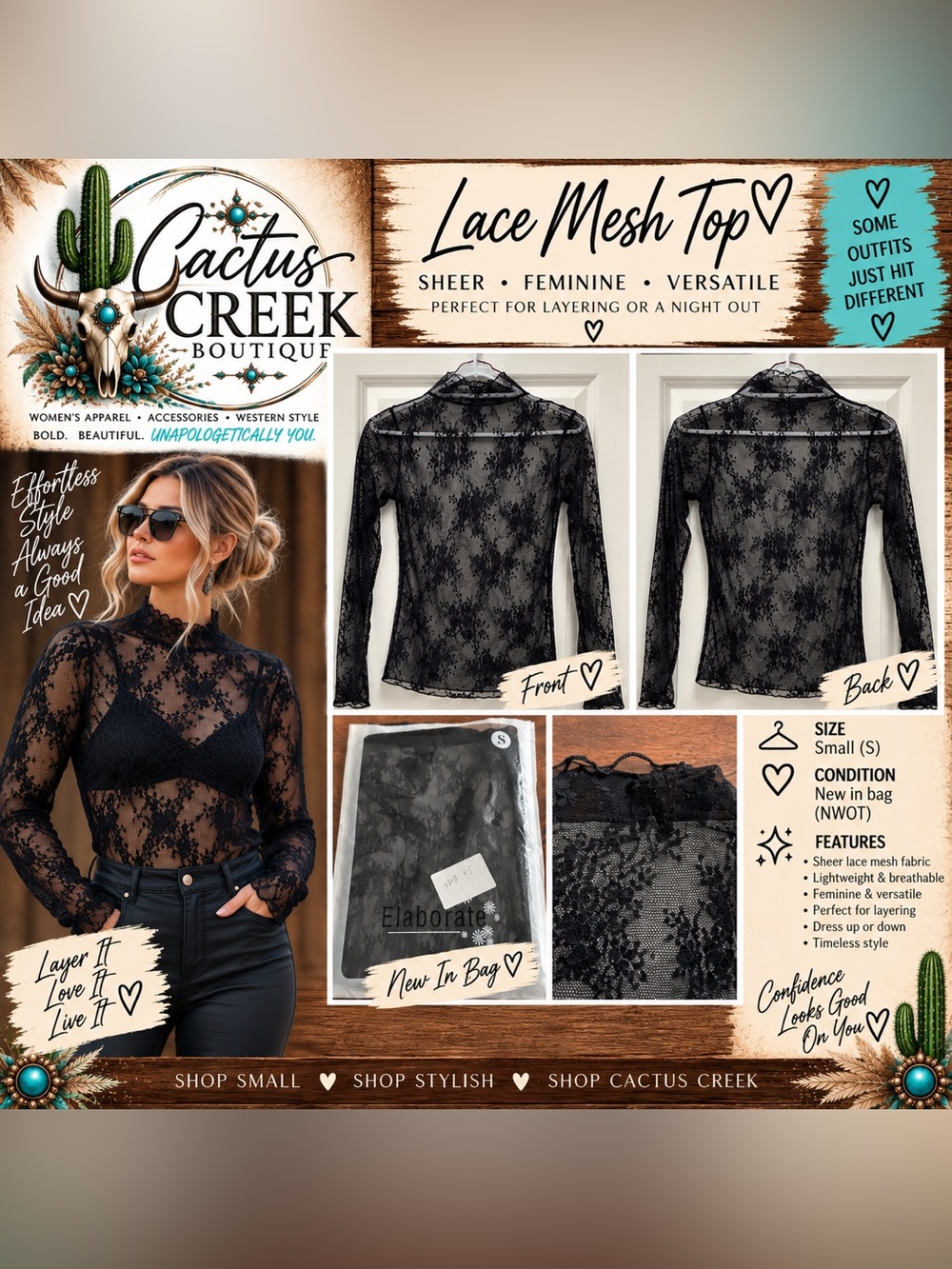 Elaborate Black Lace Long Sleeve Top - Size S - NIB